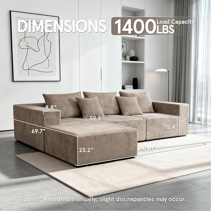 Sytopia 109" L-Shaped Cloud Couch, Boneless Modular Sectional Sofa with Deep Seat for Living Room Bedroom, Modern Floor Couch Chenille, Comfy Sleeper Futon Sofa Bed 40D Foam Furniture, Left Facing