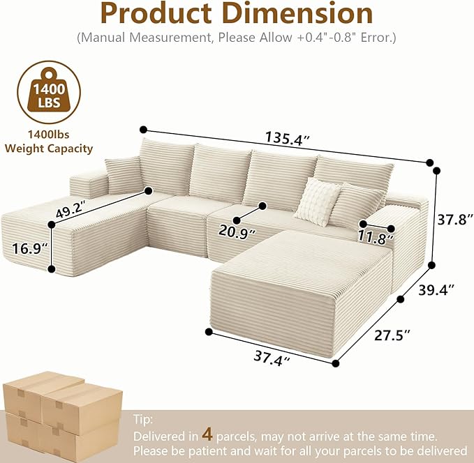 Lakifun 135" L-Shape Sofa with Ottoman, Modern Modular Sectional Comfy U-Shape Cloud Couch, Deep Seat, Upholstered Corduroy Sleeper Chaise Longue for Living Room Bedroom, No Assembly Required, White