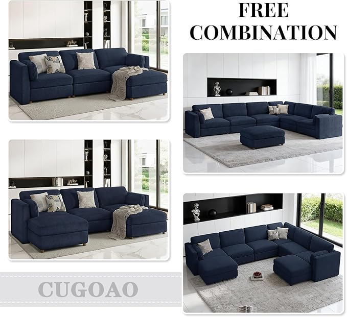 CUGOAO 159'' Modular Sectional Sofa,9-Seater Oversized U-Shaped Sectional Couch with Ottoman, Deep Seat Chenille Cloud Couch, Mordern Upholstered Couches for Living Room, Apartment, Office, Blue