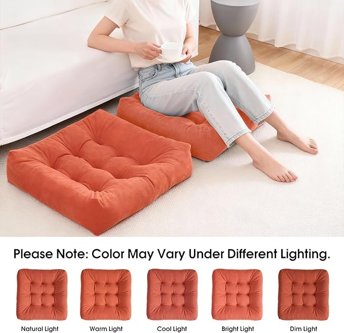 Tikuns 2Pcs Floor Pillows for Adults, 22x22 Inch Meditation Cushions, Large Square Sitting Cushion Living Room Memory Foam Pillow for Sitting (1, Orange, 22x22x4 Inch)
