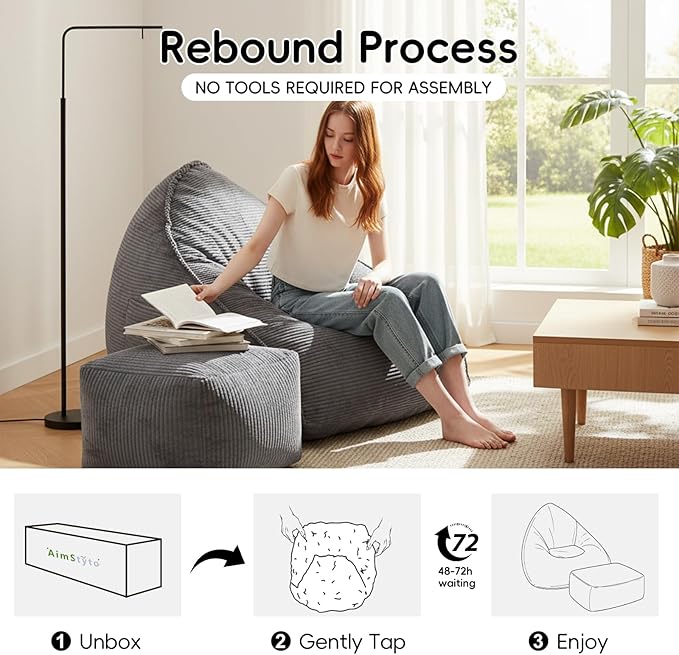 Cloud Bean Bag Chair with Ottoman for Adults, Comfy Corduroy Chaise Lounge Chair with High-Resilience Foam, Boneless Reading Chair for Bedroom & Living Room (Grey)