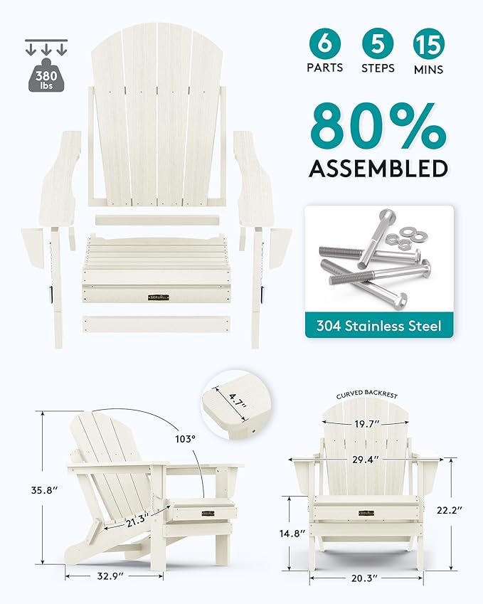SERWALL Adirondack Chair - Folding Adirondack Chairs Hips Outdoor Chairs Set of 8 Weather Resistant- White