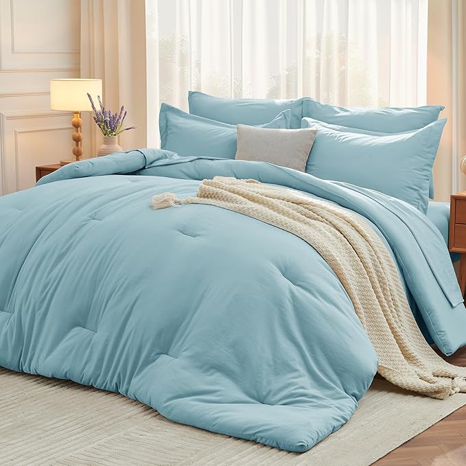 MUXHOMO 7 Pieces Queen Comforter Set, Soft Bed in a Bag Queen Size, All Season Bedding Set with Comforter, Flat Sheet, Fitted Sheet, Pillowcases & Shams, Lake Blue