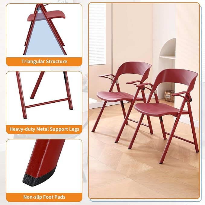 Office Chair Adjustable Arms, Plastic Folding Chairs for Outside, Collapsible Dining Chairs, Portable Foldable Chair for Indoor, Outdoor, Wedding, Party, Office, Balcony, Garden (Red, 2Pack)