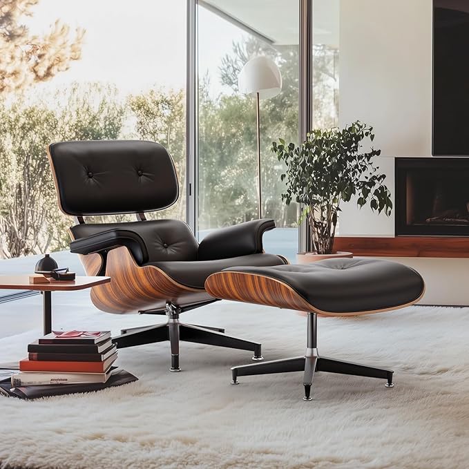 Top Black PU Leather, Mid Century Chaise Lounge Chair and Ottoman, Modern Chair Classic Design, Palisander Wood, Heavy Duty Base Support for Living Room Office