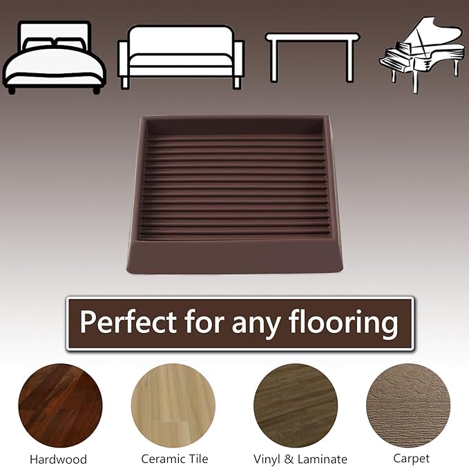 3x3 Square Rubber Furniture Caster Cups, Anti-Sliding Furniture Pads Bed Stopper Floor Protectors with Grip - Protect Any Flooring