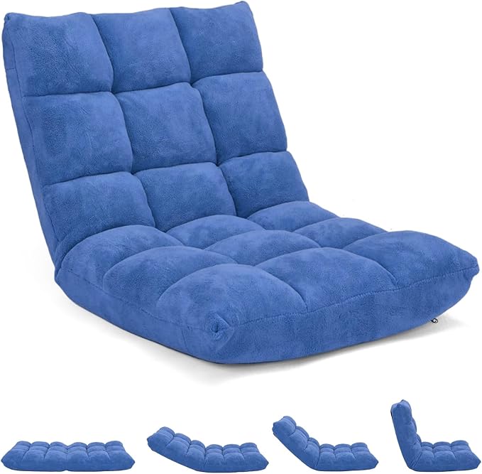MAT EXPERT 14-Position Floor Chair, Floor Gaming Chair w/Soft Coral Fleece, Alloy Steel Frame, Padded Lazy Couch Recliner, Floor Chair with Back Support for Reading, Meditating (Blue)