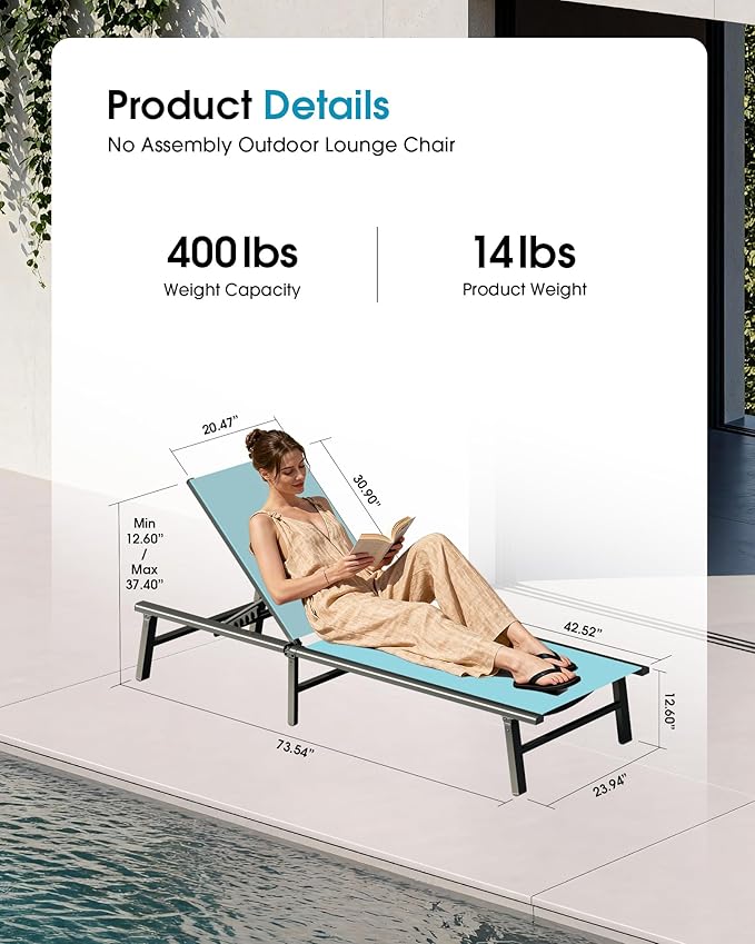 Ciokea Upgraded Aluminum Outdoor Lounge Chair - No Assembly Needed, Foldable Patio Chaise Lounge with 5 Adjustable Positions, Reinforced Frame for Extra Durability, Pool Beach Lounge Chair,Lake Blue