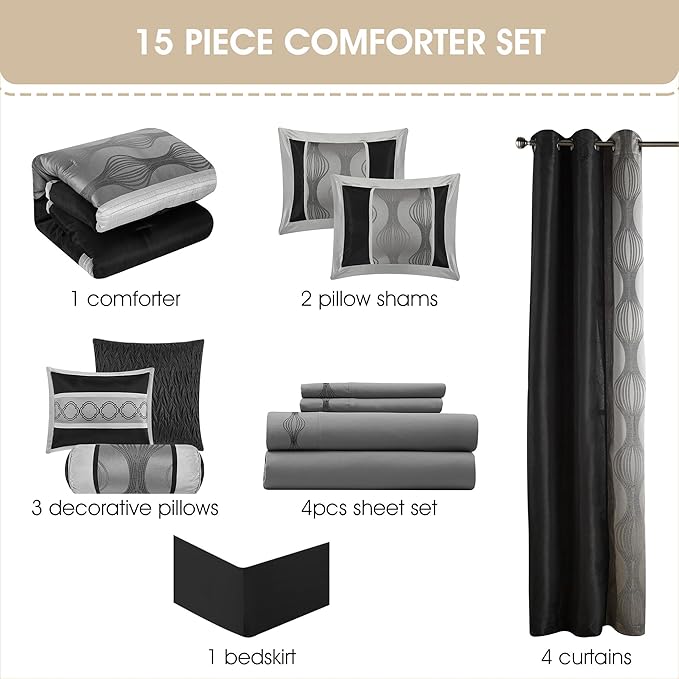 Grand Avenue Elegant Black and Silver Comforter Set King Size, Striped,15 Piece Room-in-A-Bag, Jacquard Bedding Set, All Season, Matching Decorative Pillows, Pillow Sham, Curtains