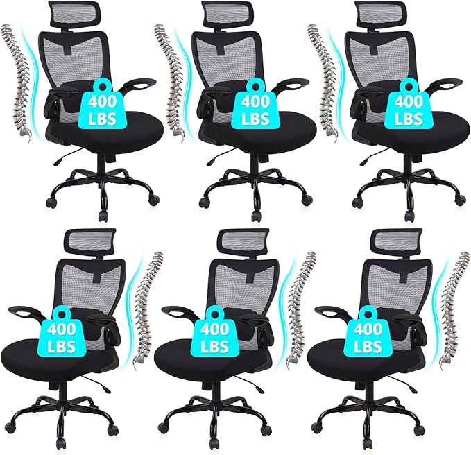 CLATINA Heavy Duty Ergonomic Mesh Office Chair 400LBS, Big and Tall Desk Chair with Adjustable Lumbar Support & Headrest, Flip Up Padded Arms, Swivel Computer Chair for Home, Conference, Black, 6 PACK
