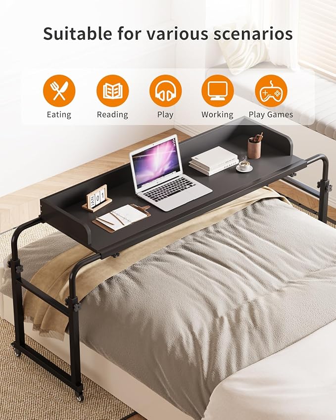 Saifu Overbed Table with Wheels,Adjustable Height & Length Laptop Desk for Bed,King & Queen Size Beds Bed Table,Rolling Standing Desk,Over Bed Table for Working Reading Eating,Black
