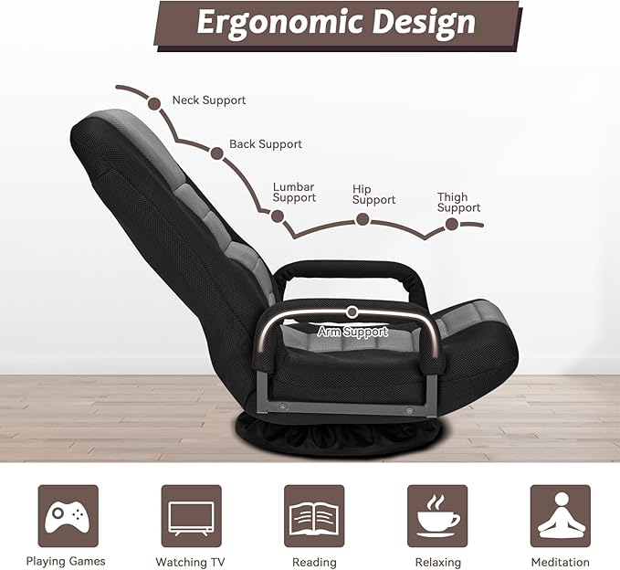 360° Swivel Chair 6 Adjustable Positions Backrest with Armrest Foldable Floor Chairs Suitable for Reading, Relaxing, Mediation,Grey