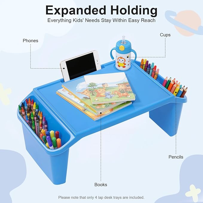 Mind Reader Kids Lap Desk, 4 PCS Kids Lap Desk Bulk Tray Lap, Portable Activity Tray with Side Storage, Stackable Plastic Desk Table for Students Drawing, Snacks, Study (Colorful, Large)