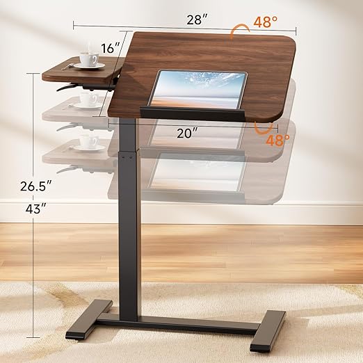 GTRACING Overbed Bedside Table with Wheels,Tiltable Hospital Bed Table Over The Bed, Pneumatic Adjustable Rolling Laptop Desk, Mobile Standing Desk for Hospital and Home Use (Walnut)