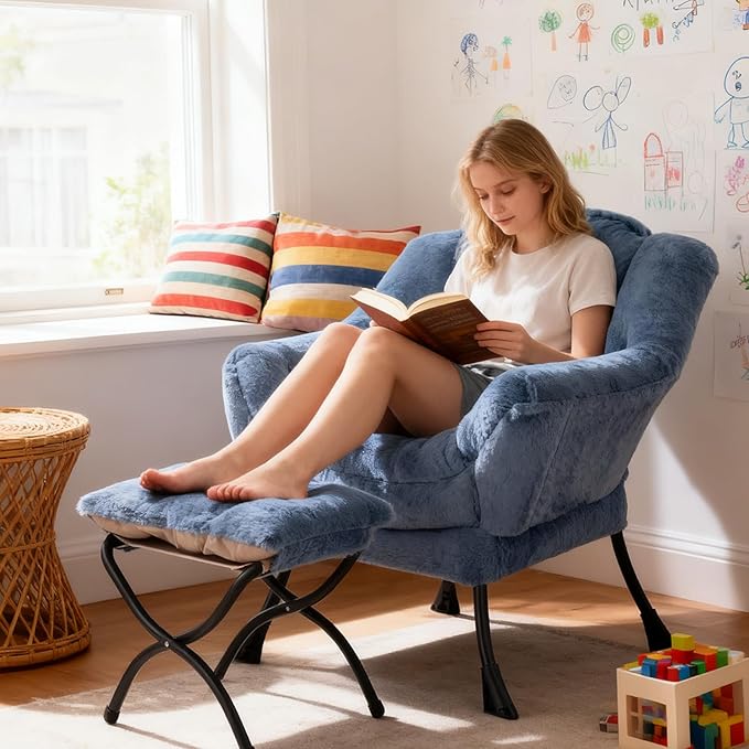 Welnow Lazy Chair with Ottoman, Modern Lounge Accent Chair with Armrests and a Side Pocket, Leisure Sofa Armchair Set, Reading Armchair with Footrest for Small Space, Plush Light Blue