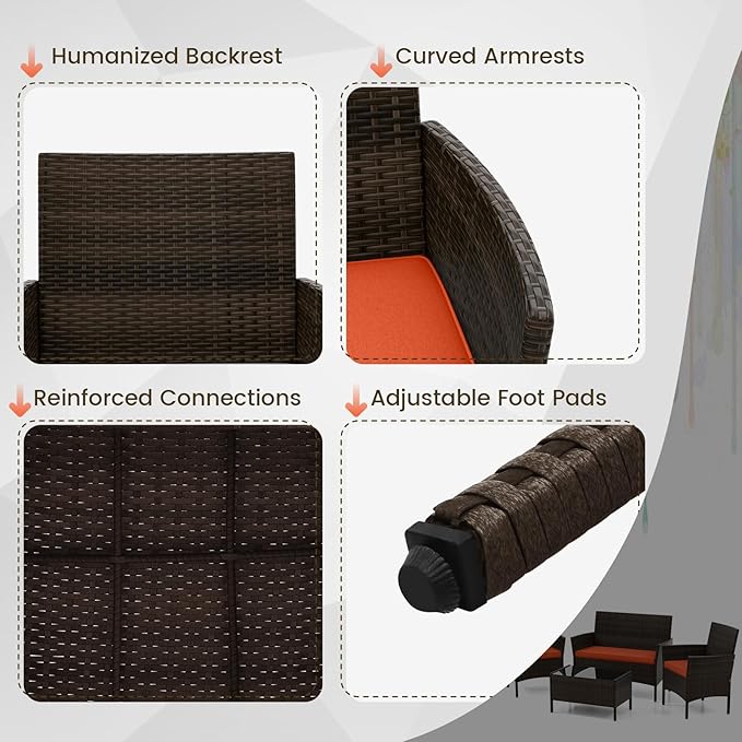 HAPPYGRILL 8 Pieces Outdoor Rattan Conversation Set, Patio Wicker Furniture Set with Loveseat Chairs & Tempered Glass Coffee Table, Outside Sectional Sofa Set for Backyard Garden Poolside, Orange