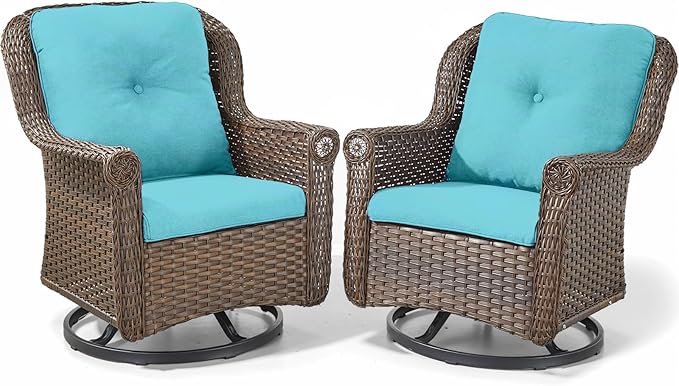 ACTREST Patio Chairs Outdoor Swivel Glider - Set of 2 High Back Outside Brown Wicker Rattan Rocking Chair with Thick Cushion for Porch Apartment Deck Yard Poolside Garden - Turquoise