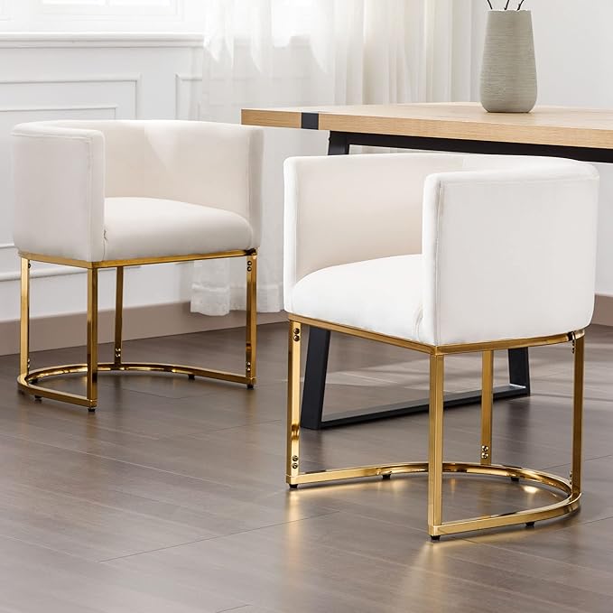 VESCASA Velvet Upholstered Dining Chairs with Barrel Back, Mid Century Modern Padded Restaurant Chairs with Gold Metal Frame for Kitchen, Dining Room, Set of 2, White