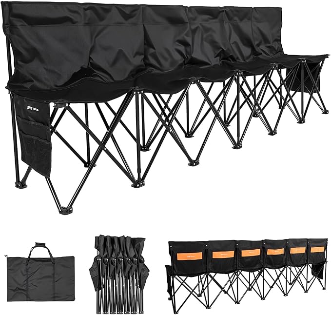 VEVOR Portable Folding Bench, 6 Seat Soccer Bench with Multiple Storage Pockets & Carrying Bag, Lightweight Sideline Seating with Back Rest for Football, Baseball, Camping, Outdoor Events, Black