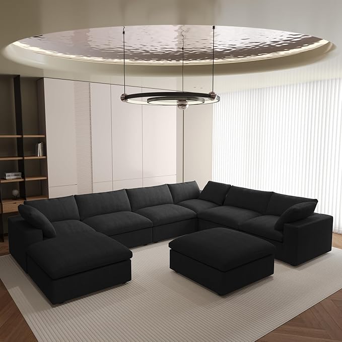 8 Seater Cloud Sectional Couch, Oversize Modular Sofa, Modern Comfy Cloud Sofa with Storage Ottomans, Covers Removable, Convertible Sleeper Couch for Living Room Apartment (Black, Linen Fabric)