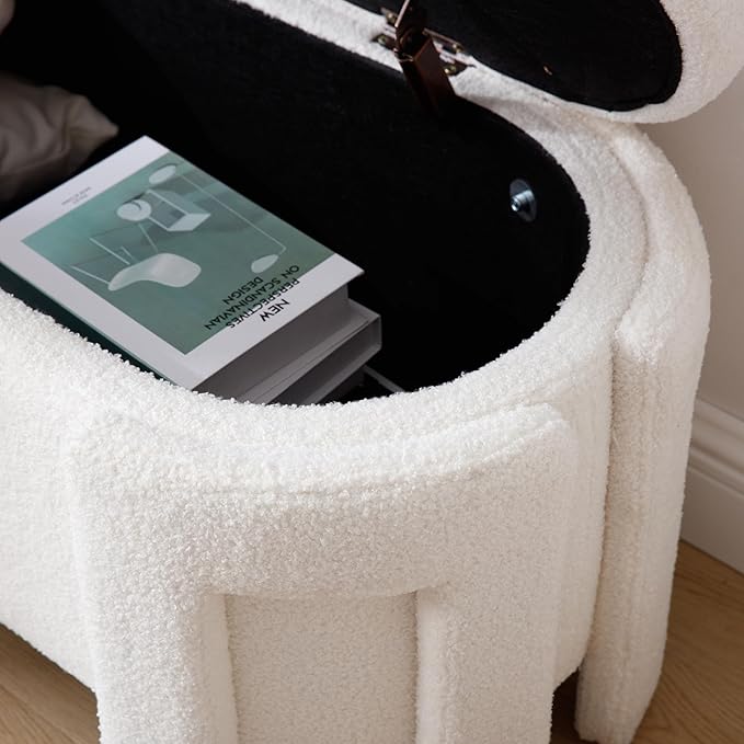 DM Furniture Modern Sherpa Storage Ottoman Bench for Bedroom 47.25 in Comfy Boucle Upholstered Entryway Bench with Storage for End of Bed/Living Room/Lounge/Window Corner, White
