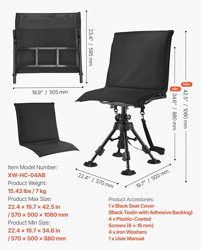 VEVOR Hunting Chair, 360° Silent Swivel, Foldable Portable Blind Chair, Heavy-Duty Steel Frame Ground Stool Seat,with Seat Cover, Anti-Sink Feet, Height Adjustable, 350 Lbs Capacity, for Fishing