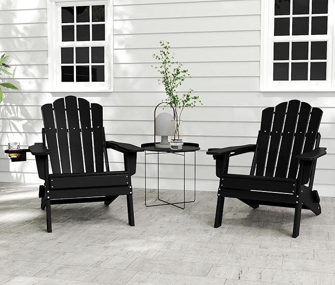 FOOWIN Adirondack Chair, Folding Adirondack Chair with Cup Holder, HDPE All-Weather Fire Pit Chair for Patio, Garden, Backyard, Poolside, Black