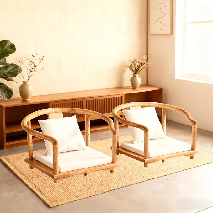 Wooden Japanese Floor Chair with Cushion, Multifunctional Floor Armchair with Backrest, Accent Meditation Legless Back Rest Chairs for Living Room, Bedroom, Balcony
