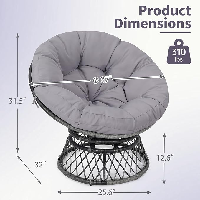 Kromax 40" Ergonomic Wicker Papasan Chair, 360° Swivel Round Egg Chair with Soft Thick Cushion, Indoor Outdoor Use for Living Room, Bedroom, Reading Room, Grey Frame with Light Grey Cushion