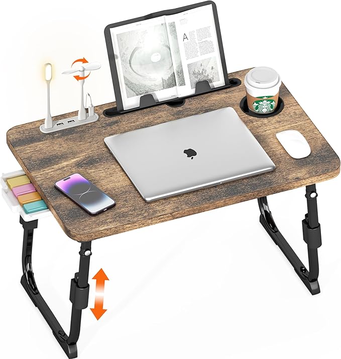 DECOSIS Laptop Desk for Bed Height Adjustable, Lap Bed Table with USB/Storage Drawer/Cup Holder/Tablet Stand/Book Shelf, Foldable Breakfast Tray Portable for Reading Writing, Sofa & Floor, Carbonized