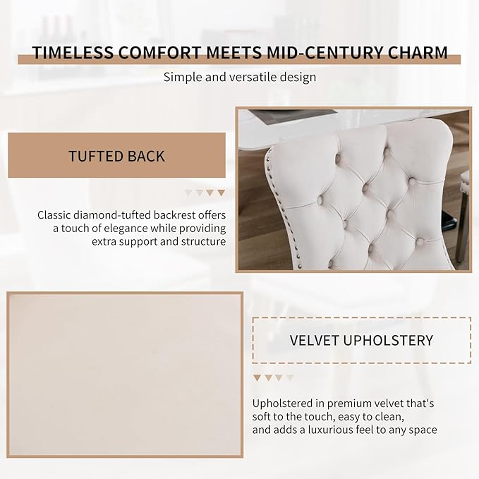 YeahFurn Mid Century Modern Dining Chairs Set of 6, Beige Velvet Upholstered Tufted Back, Kitchen & Dining Room Chairs, Brushed Silver Metal Legs, Nailhead Trim, Sillas para Comedor (Beige, 6 Pcs)
