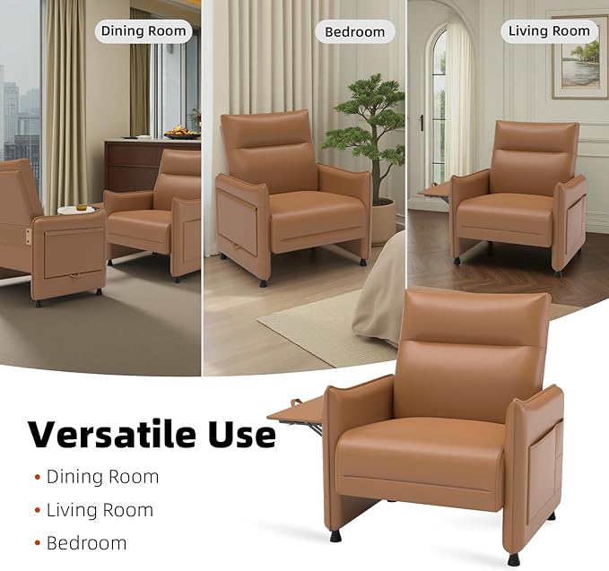 Upholstered Accent Sofa, Modern Faux Leather Sofa Chair with Hidden Foldable Tray & Side Pocket, Front Contour Arm Design, Small Accent Sofa for Bedroom, Brown