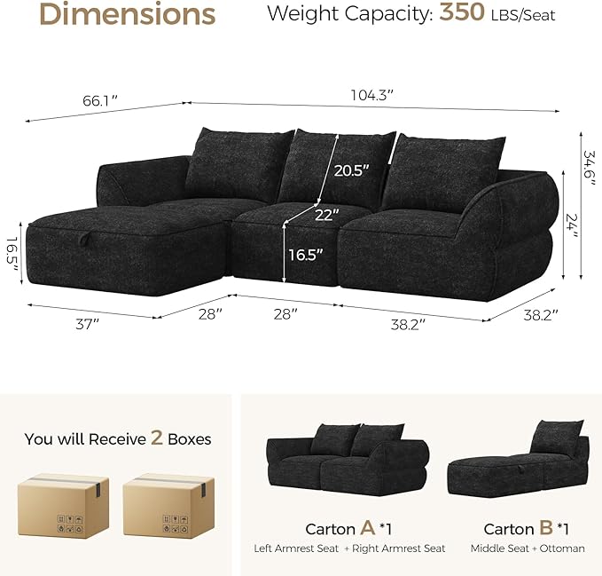 104" Modular Sectional Sofa with Deep Seat, L Shaped Cloud Couch for Living Room, 3-Seater Boneless Sofa with Movable Ottomans, Removable Cover, No Assembly Required, Graphite Black