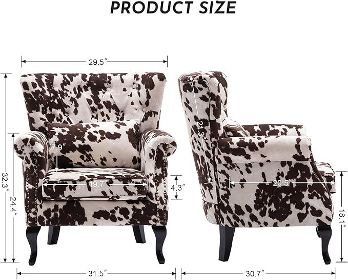 LZAREAL Accent Reading Arm Chairs for Living Room Bedroom, Midcentury Modern Comfy Corner Sofa Chair, Wingback Waiting Room Club Chair with Button Tufted Back &Lumbar Pillow, Fabric Cow