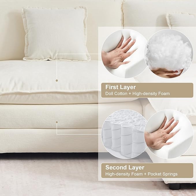 KIVENJAJA Chenille L-Shaped Modular Sectional Sofa, Modern Loveseat Comfy Deep Seat Cloud Couch with Ottoman/Chaise & 4 Pillows for Living Room Office Apartment, 76.7" W, Beige