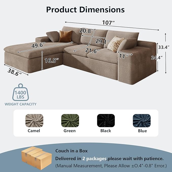 107" Cloud Sectional Couch with L-Shape Chaise, Modern Corduroy Viral Boneless Sofa for Living Room,Memory Foam Couches in a Box with Deep Seat,No Assembly Required (Camel,Left-Facing Chaise)