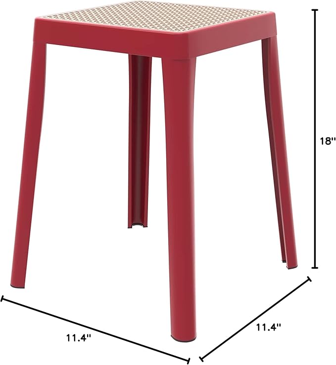 LeisureMod Stackable Square Plastic Dining Stool - Mid-Century Modern Backless Accent Stool with Wicker Top for Kitchen & Dining Room, Red