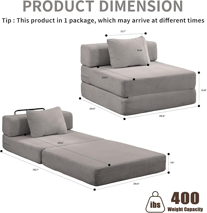 Folding Sofa Bed, Convertible Sleeper Chair with Pillow, Single Sofa with Back Support, Portable Fold Out Chair Cloud Couch Bed, Comfy Floor Sofa Lounge for Living Room Bedroom, Light Grey