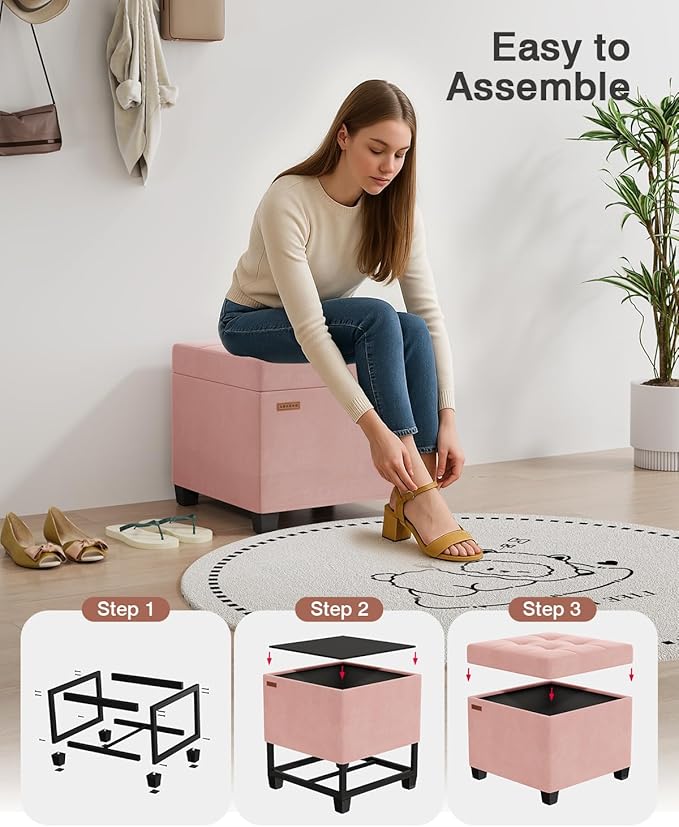 ABHENG 17.7 inches Velvet turfed Ottomans Cube with Storage, Metal-Framed Square Storage Ottoman Foot Rest Stool Holds 770 LB for Dorm Living Room Bedroom Pink UASND64P