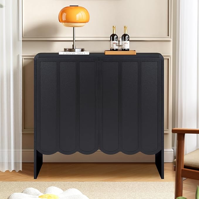 ORRD Sideboard Buffet Cabinet, Accent Storage Cabinet with 2 Doors, Farmhouse Wood Cabinets with Adjustable Shelves and Wave Panel for Living Room, Dining Room, Entry - Black