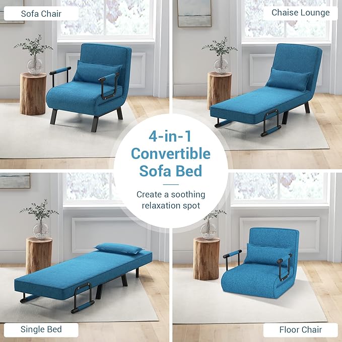 KOMFOTT Convertible Sleeper Chair Bed, 4-in-1 Folding Sofa Bed with 6-Position Adjustable Backrest, Upholstered Chaise Lounge with Removable Pillow, Leisure Recliner Lounge Couch for Home Office