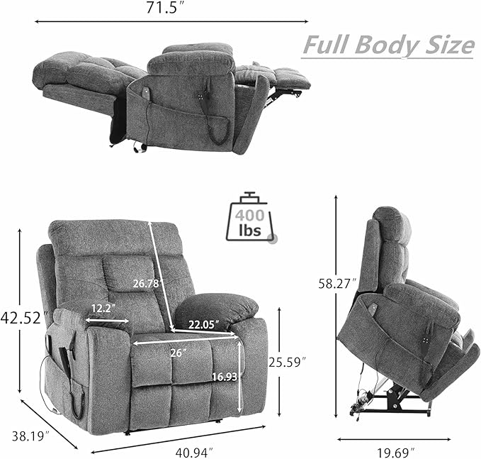 Oversized Lumbar Power Lift Chair with Heat and Massage for Elderly, 26in Extra Wide Recliner Chair for Big Man 400lbs, Dual Motor Hidden Cup Holder Lay Flat Recliner for Seniors Sleeping