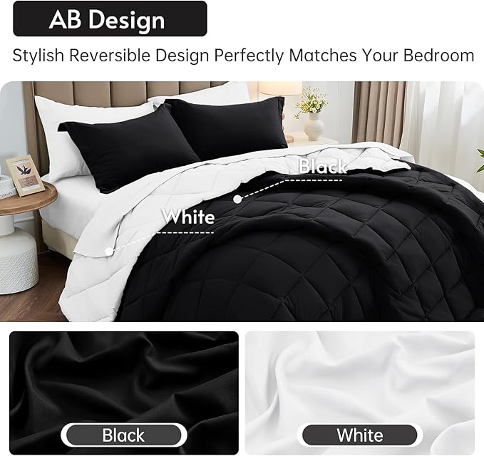 MUXHOMO 7 Pieces Queen Comforter Set, Reversible Bed in a Bag Queen Size, All Season Bedding Set with Comforter, Flat Sheet, Fitted Sheet, Pillowcases & Shams, Black & White
