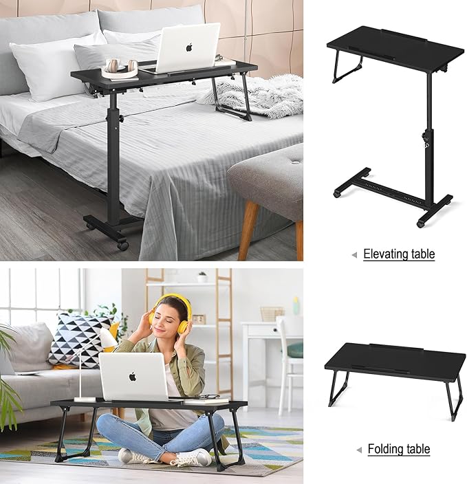 Adjustable Overbed Bedside Table, Hospital Bed Table with Wheels, Portable Rolling Desk, Mobile Small Standing Desk, Rolling Laptop Stand, Computer Cart