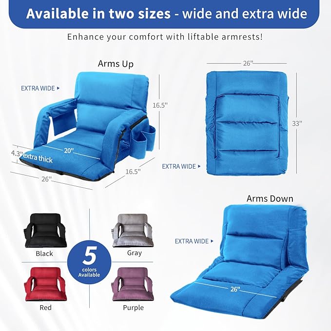 Stadium Seats with Back Support,Wide Stadium Chairs with Back and Cushion, Sofa Style Stadium Seats, 6 Reclining Positions, Extra Thick Bleacher Seat for Sports Events (Blue-2 Pack,Wide|25")