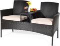 HAPPYGRILL Outdoor Loveseat with Removable Cushions and Coffee Table, Rattan Patio Wicker Conversation Set for Garden Lawn Backyard