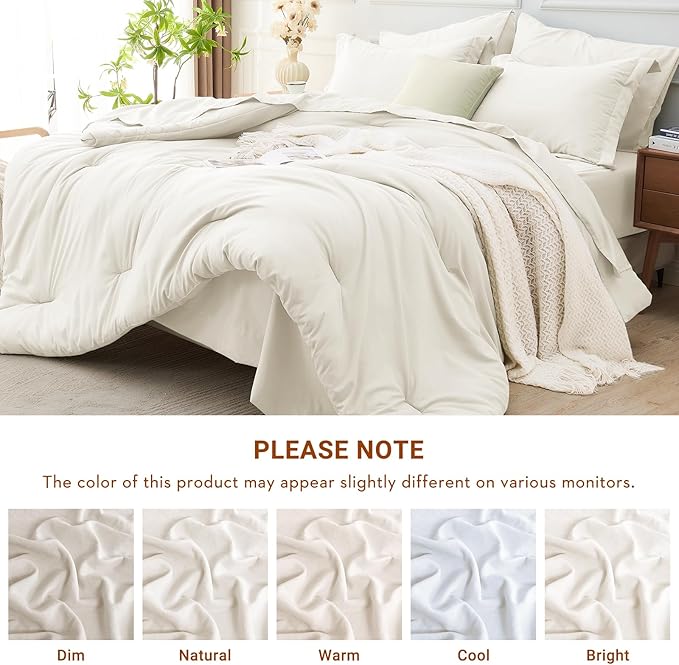 MUXHOMO 5 Pieces Twin XL Comforter Set, Soft Bed in a Bag Twin XL Size, All Season Bedding Set with Comforter, Flat Sheet, Fitted Sheet, Pillowcases & Shams, Ivory