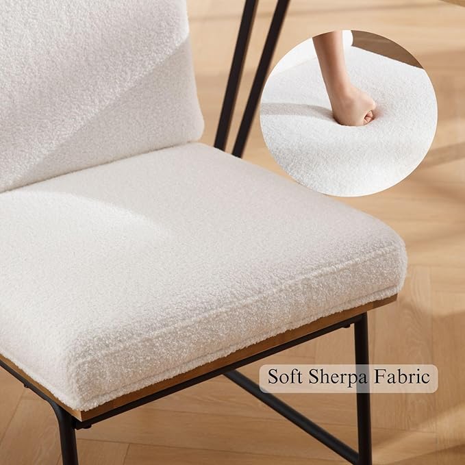 DUOMAY Mid-Century Modern Dining Chairs Set of 4, Sherpa Upholstered Side Chair with Rear Handle, Armless Chair with Metal Legs for Kitchen Dining Room Living Room Vanity, White