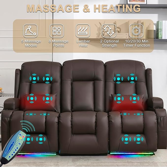 URRED Loveseat Recliner Sofa with Massage and Heat, Flip Middle Backrest Design 3 Seat Power Reclining RV Sofa Couch, Home Theater Seating with LED Lights, USB Ports, Outlets, Faux Leather, Dark Brown