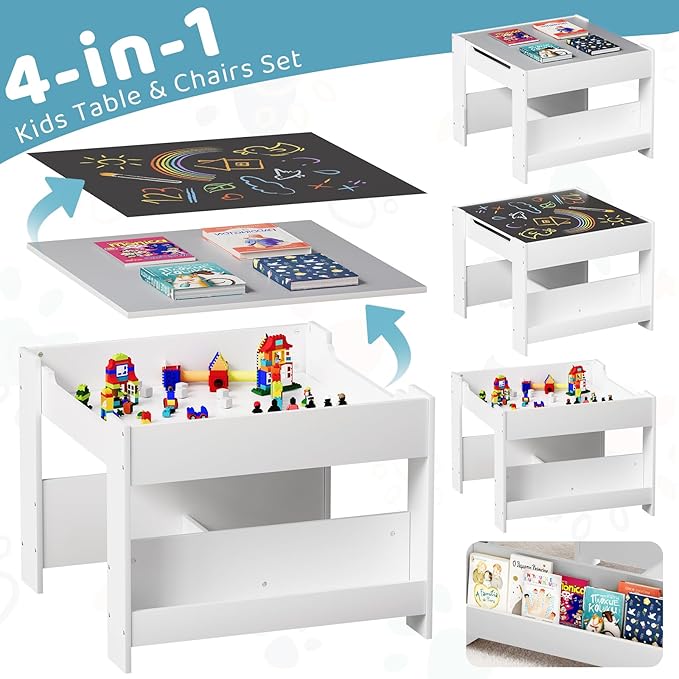 Arlopu Kids Table and Chairs Set, 4 in 1 Toddler Art Desk with Storage Drawer, Wooden Activity Deskboard, Blackboard, Reversible & Detachable Tabletop, Bookshelf for Drawing, Reading (Grey & White)